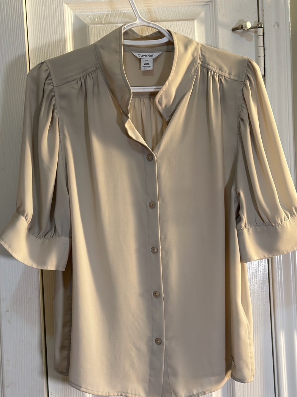 Calvin Klein Light Beige Button-Down Puff Sleeve Blouse